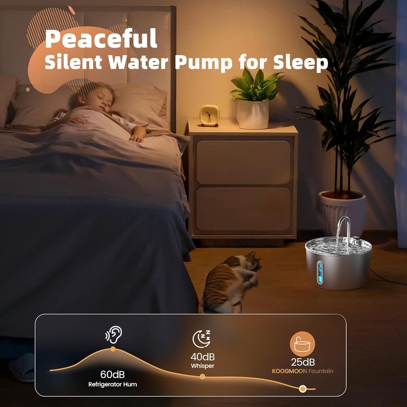 KOOGMOON Cat Water Fountain Stainless Steel: 2.2 L Cat Fountain for Drinking - Automatic Pet Water Fountain for Cats Inside - Metal Cat Dog Water Dispenser Bowl with Faucet Water Level Window Ultra Quiet Pump - Image 4